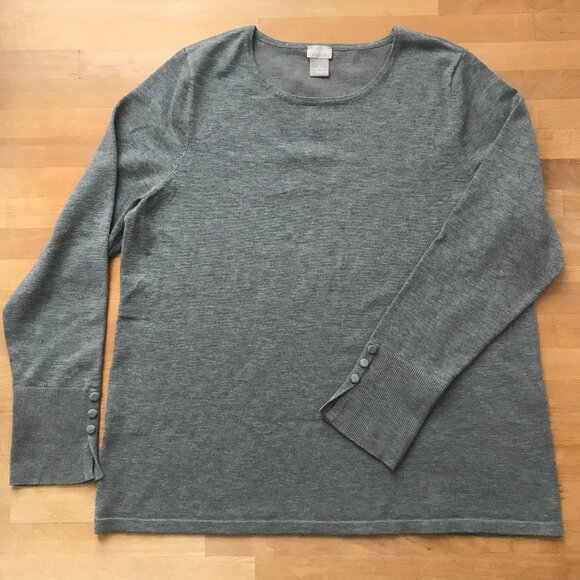 Chico's Gray Crew Neck Sweater with Button Sleeves - Picture 1 of 8